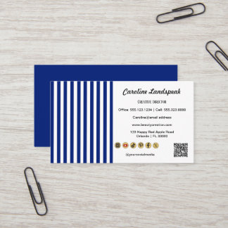 Navy Blue White Stripes QR Code, Social Media Icon Visitkort