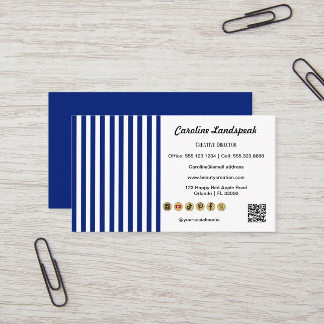 Navy Blue White Stripes QR Code, Social Media Icon Visitkort (Fram/Back In Situ)