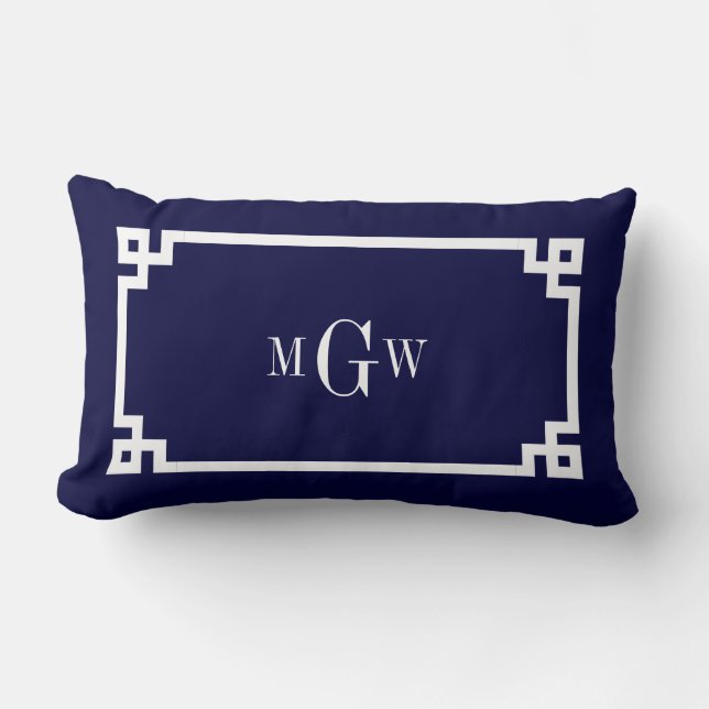 Navy Blue Wht Grekisk Nyckel #2 Infattad 3 Bokstäv Lumbarkudde (Framsida)