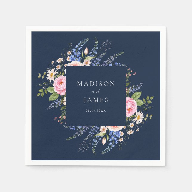 Navy Blue Wildblomma Blommigt Bröllop Pappersservett (Framsidan)