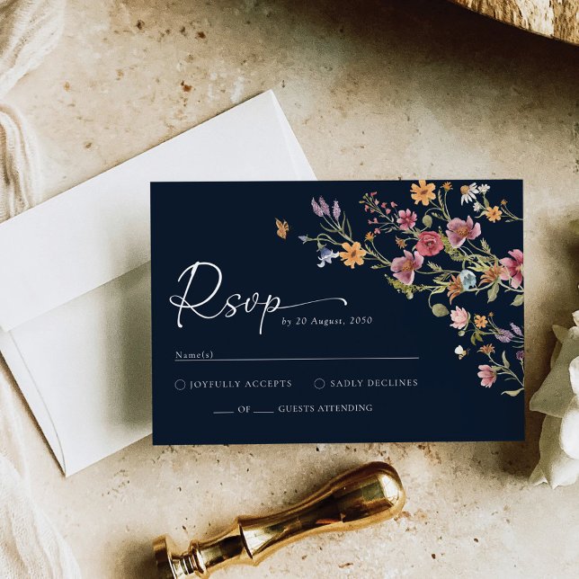 Navy Blue Wildblomma Bröllop OSA Card (Skapare uppladdad)