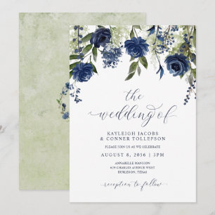 Navy Blue Wildblommor Botanical Bröllop Inbjudningar