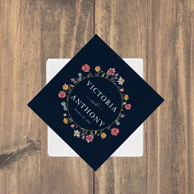 Navy Blue Wildblommor Bröllop Napkins Pappersservett (Skapare uppladdad)