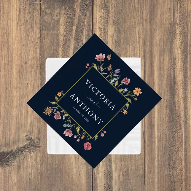 Navy Blue Wildblommor Bröllop Napkins Pappersservett (Skapare uppladdad)