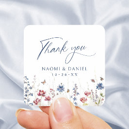 Navy Blue Wildflower Field Rustic Thank You Favors Fyrkantigt Klistermärke