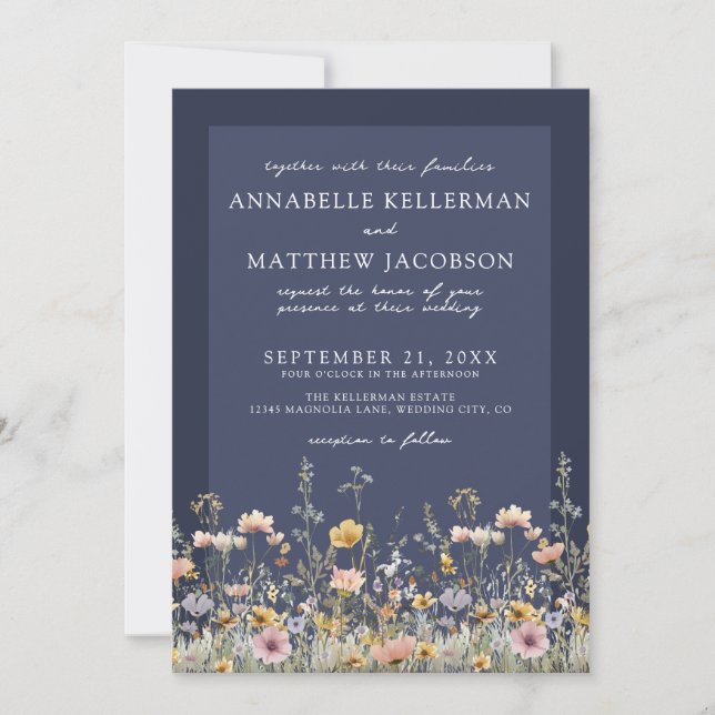 Navy Blue Wildflower Floral Wedding Inbjudningar (Framsida)