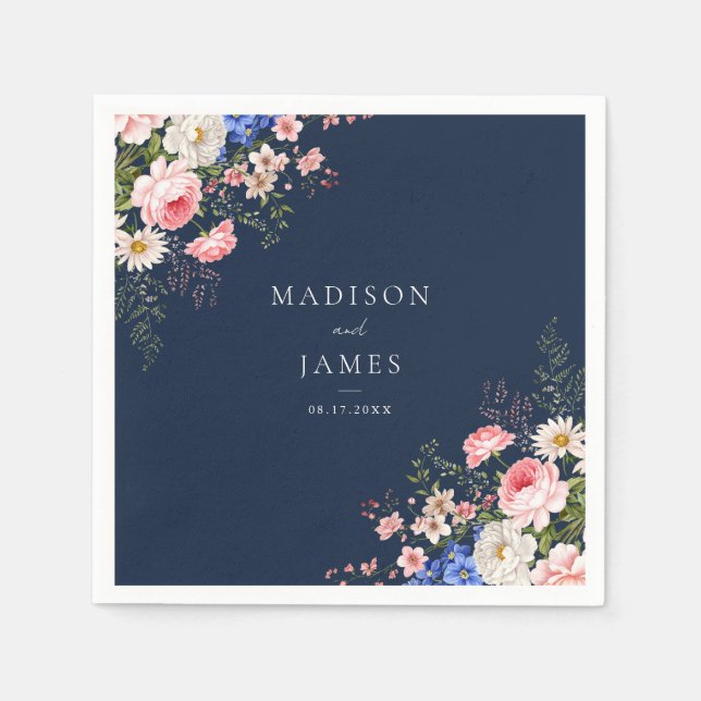 Navy Blue Wildflower Floral Wedding Pappersservett (Framsidan)