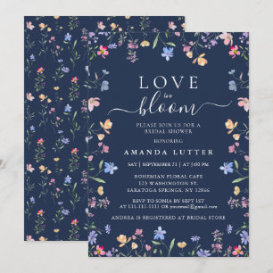Navy Blue Wildflower Love in Bloom Bröllopsdusch Inbjudningar