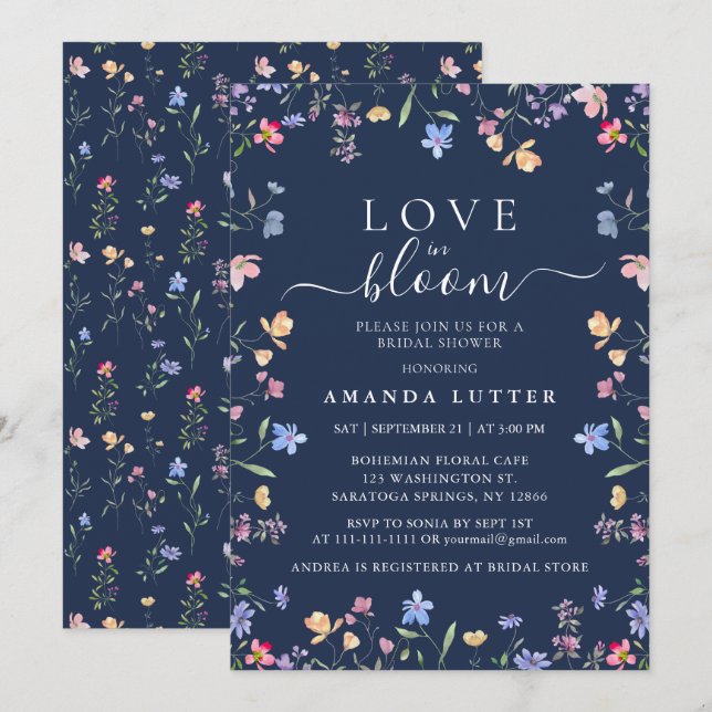 Navy Blue Wildflower Love in Bloom Bröllopsdusch Inbjudningar (Fram/baksida)