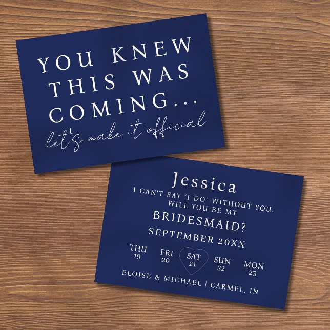 Navy Blue Will You Be My Bridesmaid Proposal Card Inbjudningar (Pop the question to your bridal party with this Will You Be My Bridesmaid Proposal Card! )