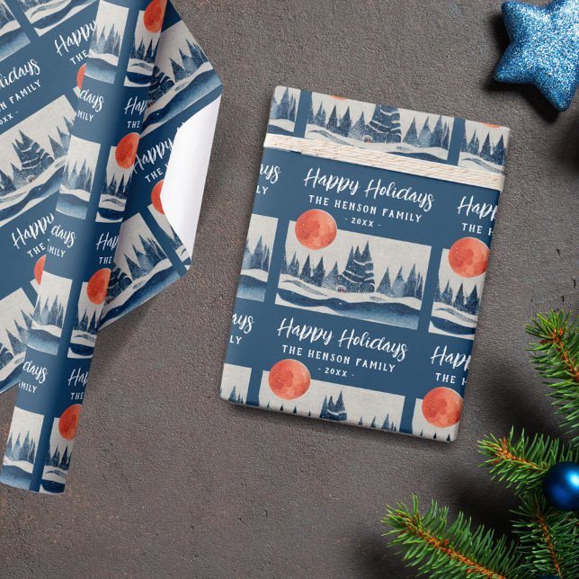 Navy Blue Winter Landscape Forest Moon Drawing  Presentpapper (Skapare uppladdad)