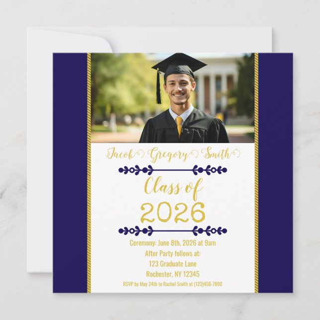 Navy Blue with Gold Graduation Invitation Inbjudningar (Framsida)