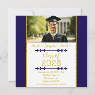 Navy Blue with Gold Graduation Invitation Inbjudningar