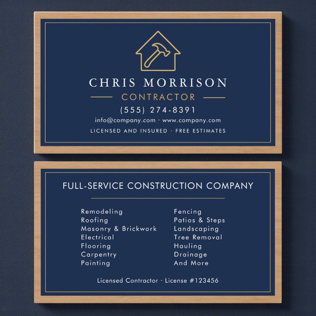 Navy Blue Wood Building Construction Business Card Visitkort (Skapare uppladdad)