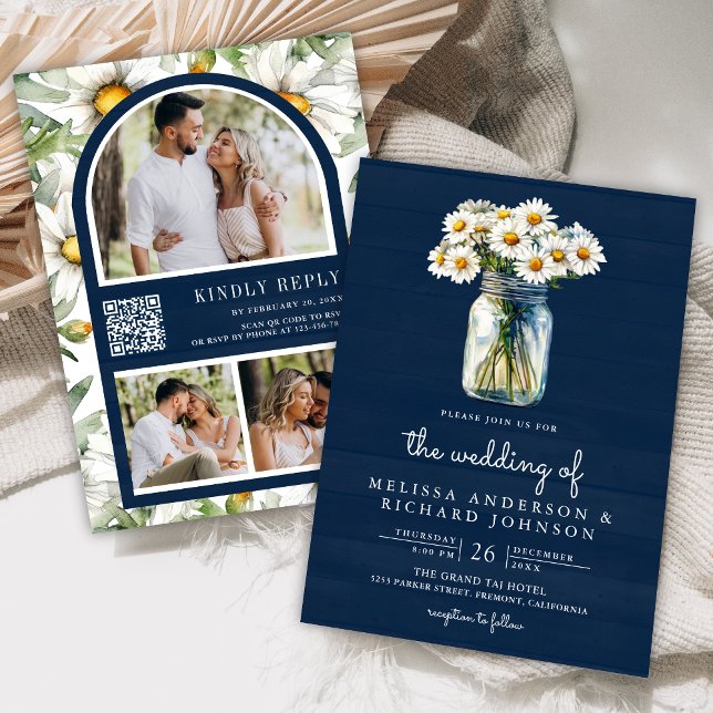 Navy Blue Wood Daisies Mason Jar QR Code Wedding Inbjudningar (Skapare uppladdad)