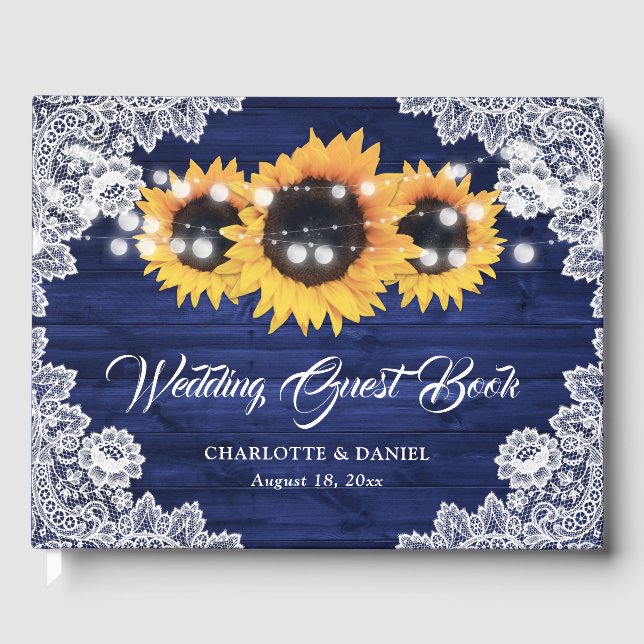 Navy Blue Wood Floral Lace Sunflower Wedding Gästböcker (Framsida)