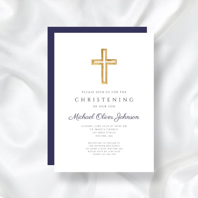 Navy Blue Wood Kor Religiösa Boy Christening Inbjudningar (Navy Blue Wood Cross Religious Boy Christening Invitation)