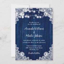 Navy Blue Wood Lace Romantic Rustic Chic Wedding Inbjudningar