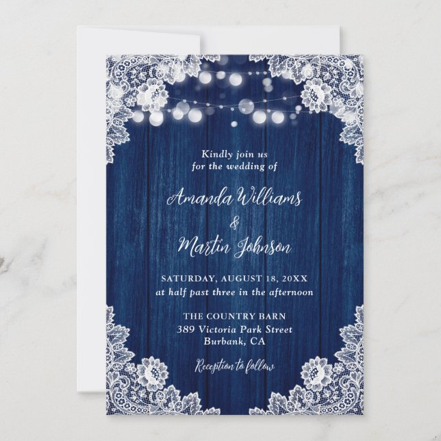 Navy Blue Wood Lace Romantic Rustic Chic Wedding Inbjudningar (Framsida)