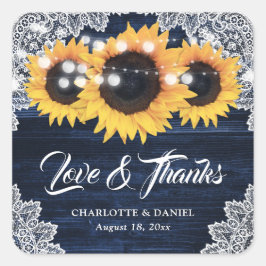Navy Blue Wood Lace Sunflower Wedding Thank You Fyrkantigt Klistermärke