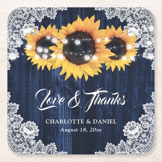 Navy Blue Wood Lace Sunflower Wedding Thank You Underlägg Papper Kvadrat (Framsidan)