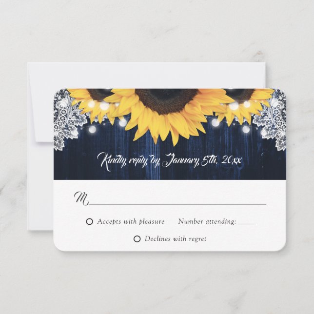 Navy Blue Wood String Lights Sunflower Wedding OSA Kort (Framsida)