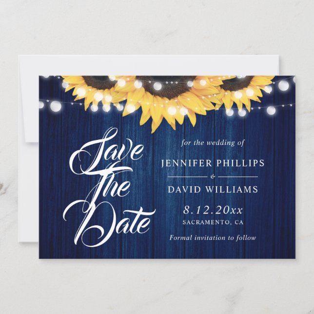 Navy Blue Wood String Lights Sunflower Wedding Spara Datumet (Framsida)