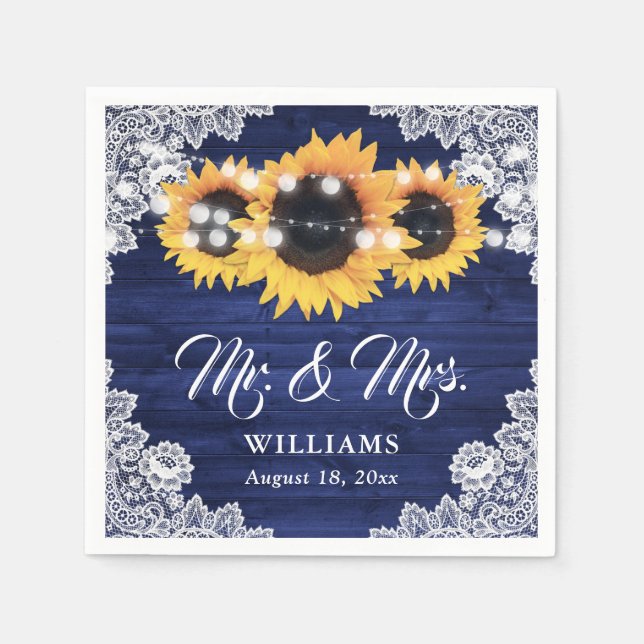 Navy Blue Wood Sunflower Floral Lace Wedding Pappersservett (Framsidan)