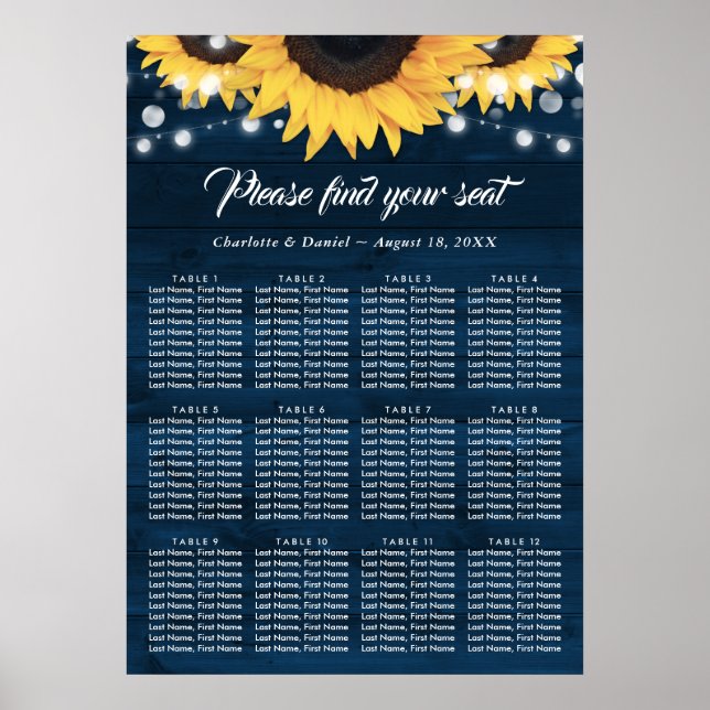 Navy Blue Wood Sunflower Wedding Seating Chart 12 Poster (Framsidan)