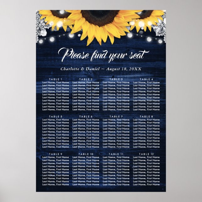 Navy Blue Wood Sunflower Wedding Seating Chart 12 Poster (Framsidan)