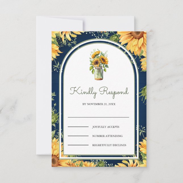 Navy Blue Wood Sunflowers Mason Jar Arch Wedding OSA Kort (Framsida)