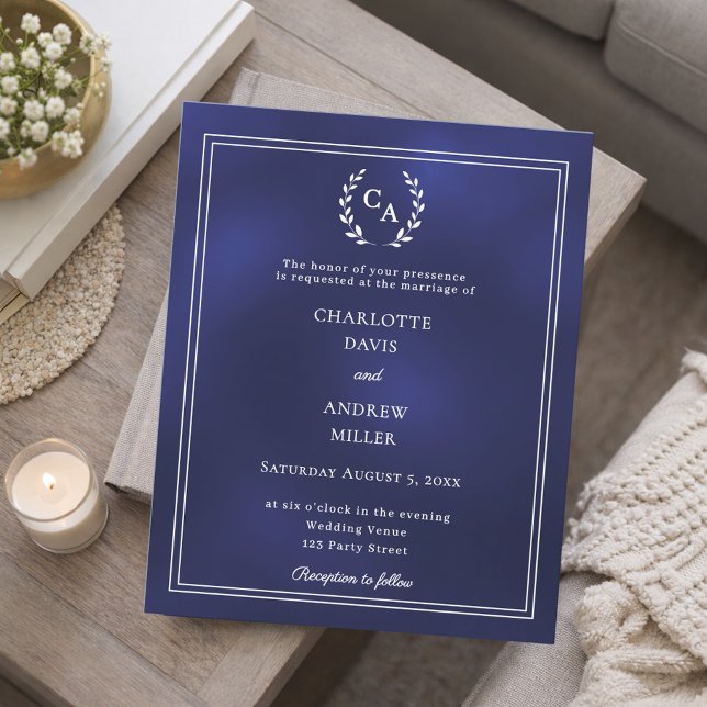 Navy blue wreath monogram wedding invitation (Skapare uppladdad)