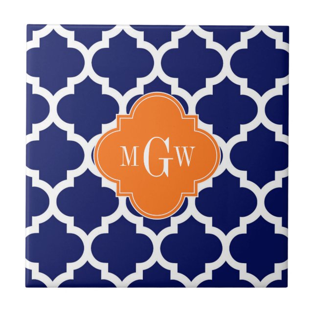 Navy Blue Wt Chevron Pumpkin Quatrefoil 3 Monogram Kakelplatta (Framsidan)