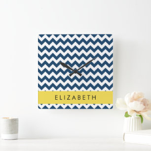 "Navy Blue Zigzag, Navy Blue Chevron", ditt namn Fyrkantig Klocka
