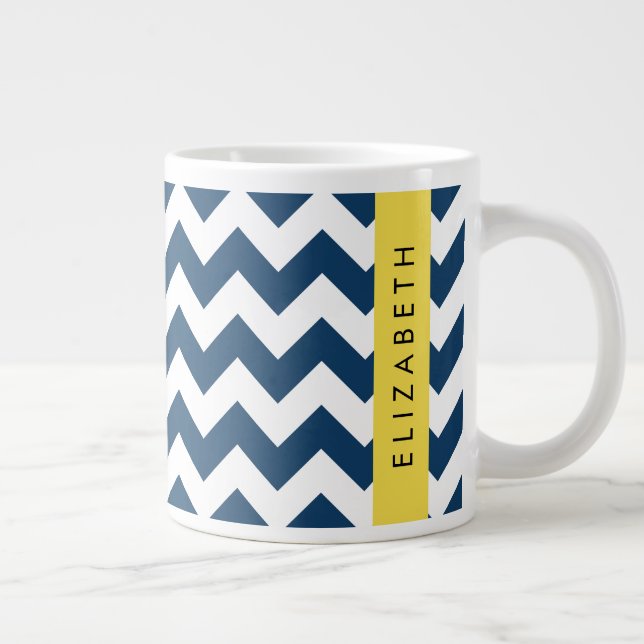 "Navy Blue Zigzag, Navy Blue Chevron", ditt namn Jumbo Mugg (Höger)
