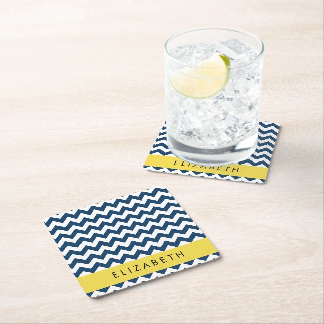 "Navy Blue Zigzag, Navy Blue Chevron", ditt namn Underlägg Papper Kvadrat (Insitu)