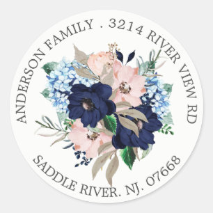 Navy & Blush Blommig Adressetikett Klistermärke
