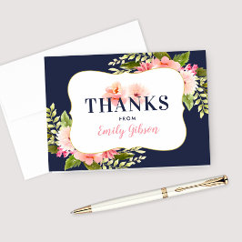 Navy Blush Blommig Akvarell Personlig Tack Kort