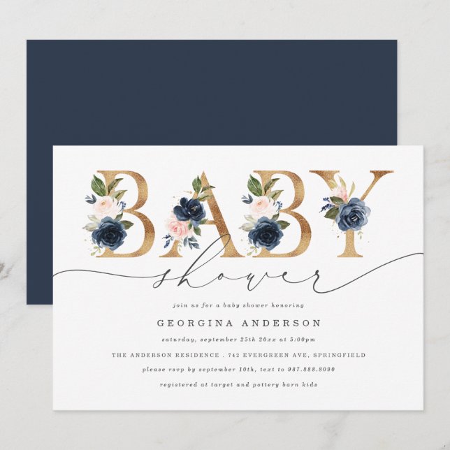 Navy Blush Blommig Barnkalas Inbjudan (Fram/baksida)