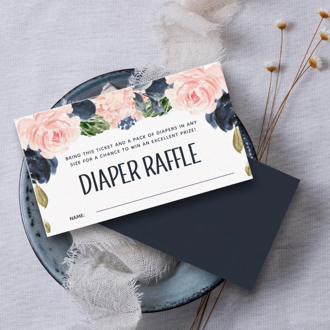 Navy Blush Blommig Bebis Shower Blöja Lotteri Tilläggskort (A diaper raffle is in addition to a gift, guests bring a pack of diapers to enter to win a prize.)