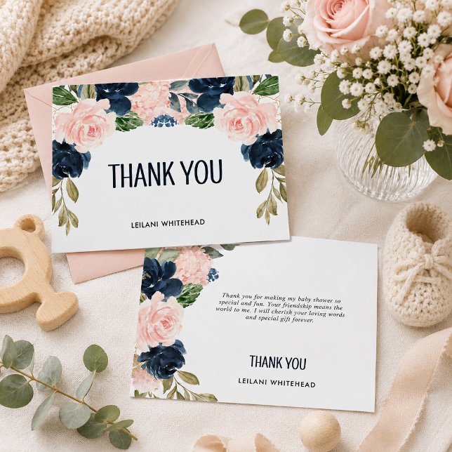 Navy Blush Blommig Bebis Shower Tackkort Tack Kort (Show appreciation in elegant style with this navy blue and blush pink floral bridal shower thank you)