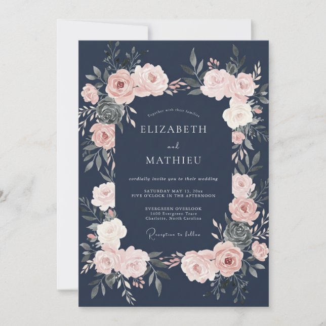 Navy Blush Blommig Bröllop Inbjudningar (Framsida)