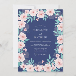 Navy Blush Blommig Bröllopsbukett Inbjudningar