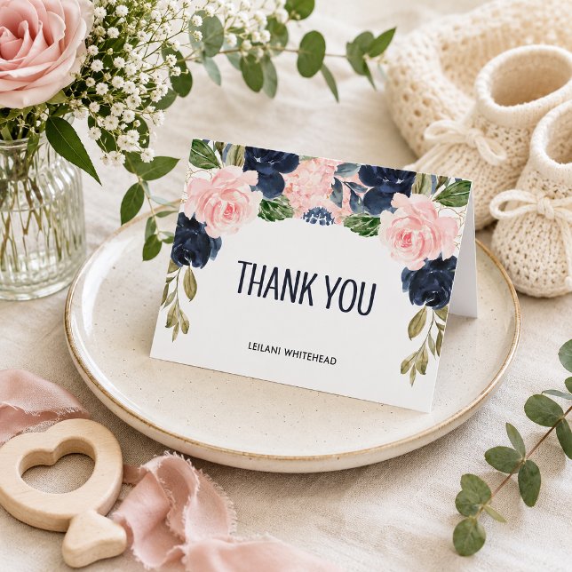 Navy Blush Blommig Bröllopsfest Tack Kort (Show appreciation in elegant style with this navy blue and blush pink floral bridal shower thank you)