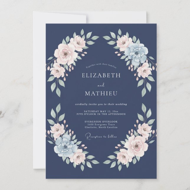 Navy Blush Blommig Bröllopsomfamning Inbjudningar (Framsida)