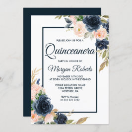 Navy & Blush Blommig Elegant Quinceanera-fest Inbjudningar