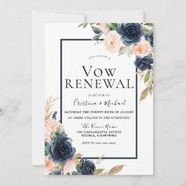 Navy & Blush Blommig Elegant Vårdförnyelse Inbjudningar