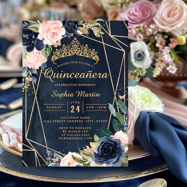 Navy Blush Blommig Fjäril Geometrisk Quinceanera  Inbjudningar (Skapare uppladdad)