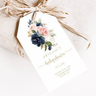 Navy Blush Blommig Guld Bebis Shower   Presentetikett