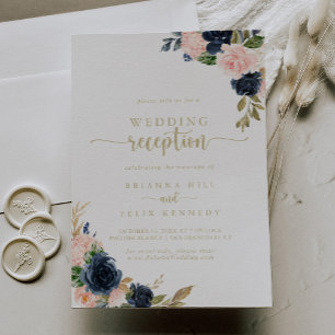 Navy Blush Blommig Guld Bröllopsmottagning   Inbjudningar